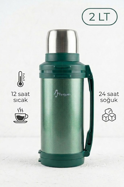 Penguen 2 Litre Avcı Termos Vakumlu Çelik Termos Kamp Piknik Çay Kahve Termos...