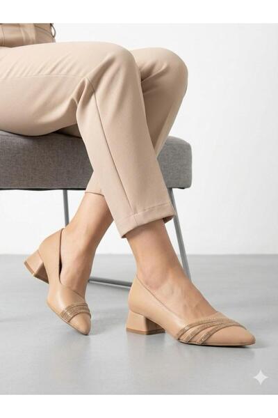 Lütfi Women's Nut Thick Heel Comfortable Fit Heeled Ballerina Shoes