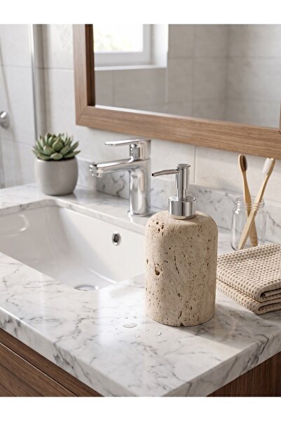 FARALYAHOME Faralya Home Doğal Traverten Sıvı Sabunluk - Gümüş Pompalı Banyo ve Mutfak Aksesuarı (11x9 cm )