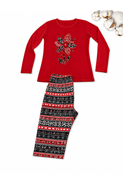 DİAMOND OUTLET Women's Home Wear Pajama Set Comfortable Fabric Patterned Long...