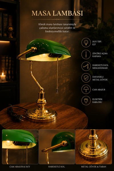 Lumexx New Banker Gold Green Glass Table Lamp
