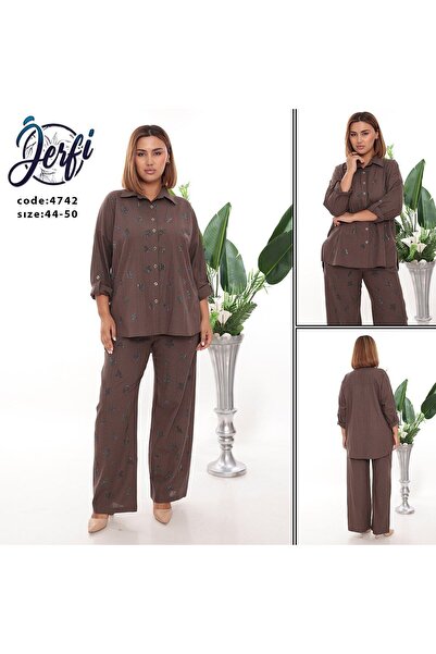 JERFİ Women's Plus Size Stone Printed Two-Piece Linen Set