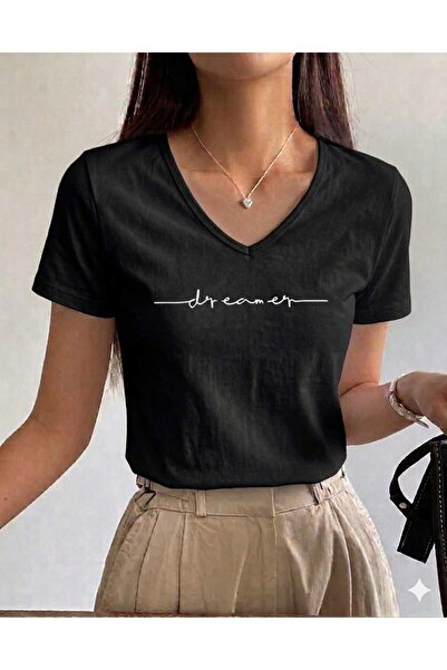 NOFLEN تي شيرت نسائي من DREAMER برقبة على شكل حرف V وتصميم أساسي غير مطبوع ومريح
