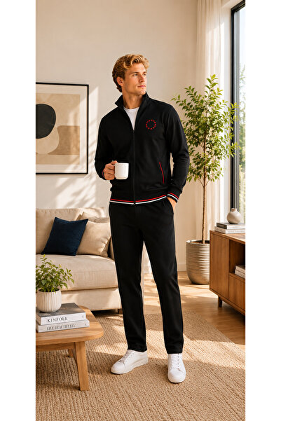 Pierre Cardin Men's Black Cotton Zippered Tracksuit Set