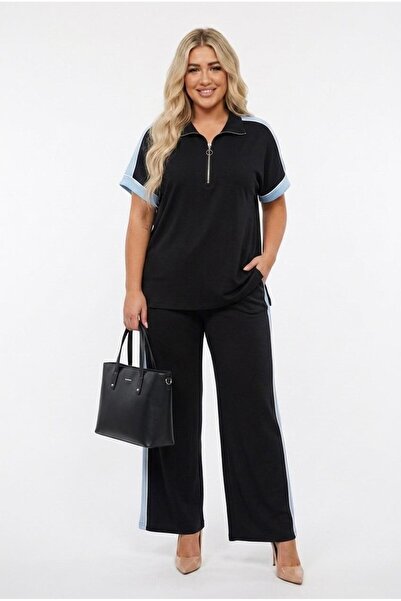 Koza Butik Women's Plus Size Short Sleeve Half Zipper Garnished Tracksuit Set...