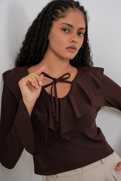 Merterium Women's Long Sleeve Crop Blouse 1449 - Brown