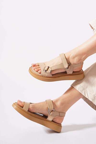 Moda Pie Hulesta Triangle Buckle Velcro Genuine Leather Women's Sandals Beige...