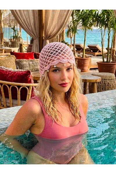 Trend Şapka 19076 Pembe Saçak Taşlı File Bandana Şapka Bere 24x20 cm
