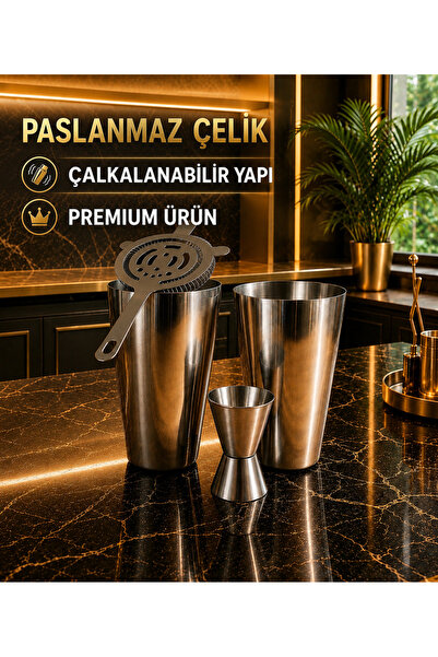 LUCKY CLOVER Paslanmaz Çelik Kokteyl Shaker Seti Premium Bar Aksesuarı Ölçü K...