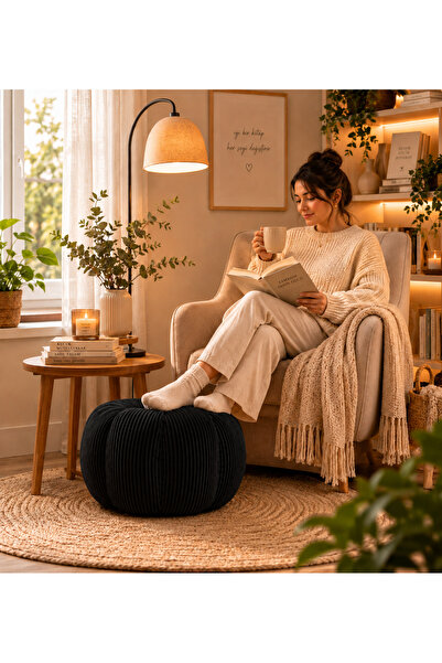 puffiber Fitilli Kadife Yuvarlak Puf | Çocuk Odası Oturma Pufu | Ayak Uzatma Pufu | Dekoratif Salon Pufu 60x55 cm