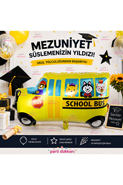 Parti Dükkanı School Bus Foil Balloon 65X41 cm Children's Party Birthday Scho...