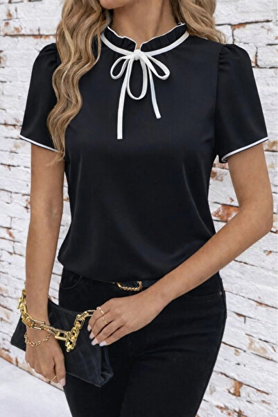 Generic Brand Women's Short Sleeve Ruffled Collar Lace-Up Janjan Crepe Blouse
