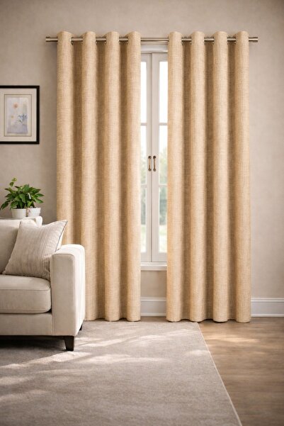 WAVES Premium Beige Eyelet Window Curtains Set of 2 Panels with Accessories, ...