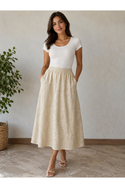 MIRENNA Women's Flock Print Pattern Detail Woven Linen Skirt Comfortable Casu...