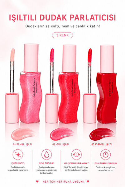 SETBEAUTY Simli, Renkli Dudak Parlatıcı – 3’lü Shimmer Lip Gloss