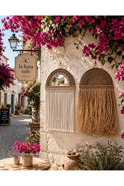 Home Bohem Handmade Doğal Rafya Ve Makrome Aynalı ve Ahşap Boncuk Detaylı Duv...