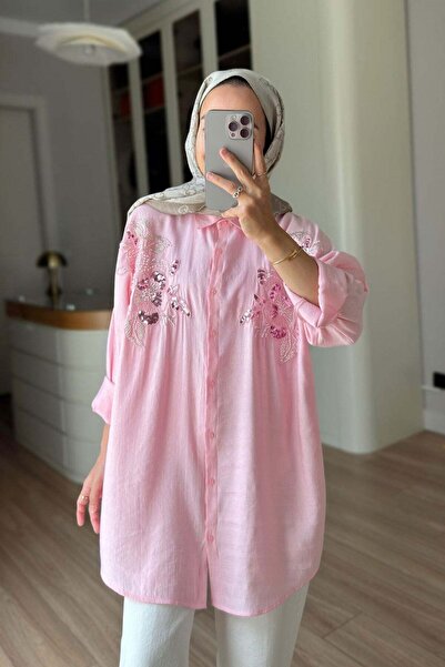 Ka Hijab Floral Motif Oversize Shirt - Pink