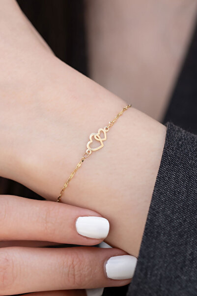 Bayar Gold 14 Ayar Altın Aynalı Zincir İç İçe Geçmiş Kalp Bileklik
