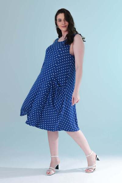Madwilo Women's Navy Blue White Polka Dot Pattern Standard Size Sleeveless Dr...