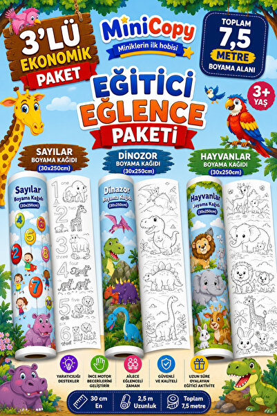 BiWini MiniCopy 3’lü Dev Boyama Kağıdı Seti – 7,5 Metre Eğlence – 3 Farklı Te...