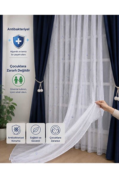 Taç Yeni Ürün Mavi Ay Yıldız Desen Çocuk ve Bebek Odaları İçin Keten Dokulu S...