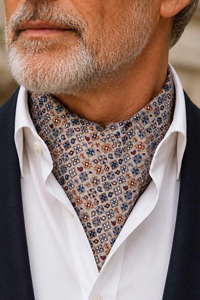 Kravatkolik Gray Multicolor Motif Pattern Ascot Tie K688