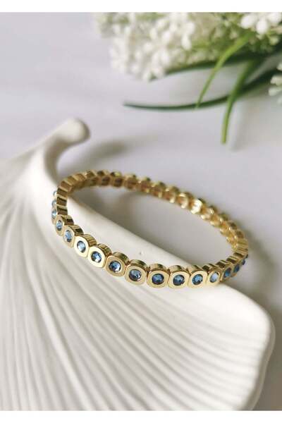 Halley Concept Blue zircon stone steel bracelet - elastic gold design