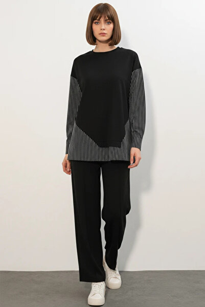Şeker Portakalım Women's Round Neck Striped Black Set