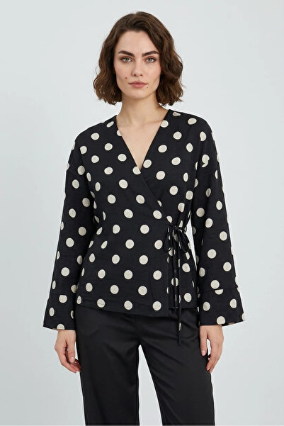 buğrahayalin Women's V-Neck Belted Polka Dot Black Blouse
