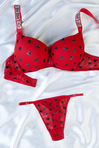DNR İç Giyim Heart Printed Stone Strap Supported Bra Set Red