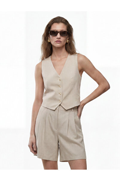 Koton Viscose Blended V-Neck Buttoned Sleeveless Vest