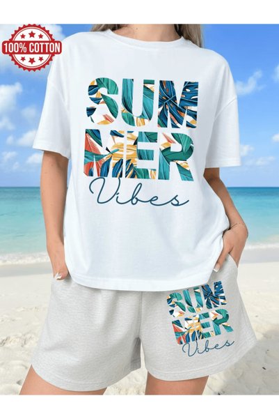 one button مجموعة تي شيرت وشورت نسائية فاخرة بتصميم ملون مطبوع من Summer Vibes