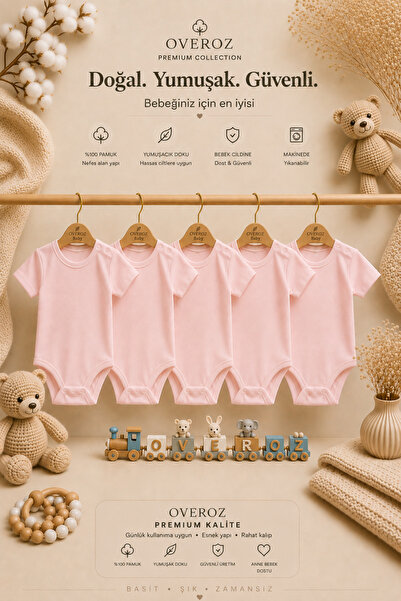 Overoz 5'li Pembe Kısa Kollu Bebek Body Zıbın Kız Bebek Çıtçıtlı Badi Tulum B...