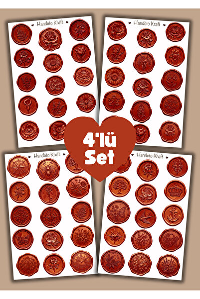 Handeto Kraft 4'lü Mum Mühür Görünümlü Bordo Desen Sticker Seti Bullet Journa...