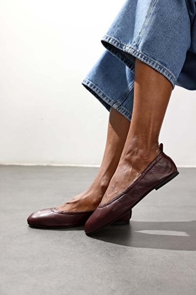 5in1Canpolat Burgundy Flexible Leather Ballerinas 25364