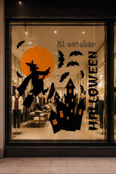 PARTİPORT Halloween Cam Sticker Cadı Şato Yarasa Pencere Dekoru Vitrin Süsü C...