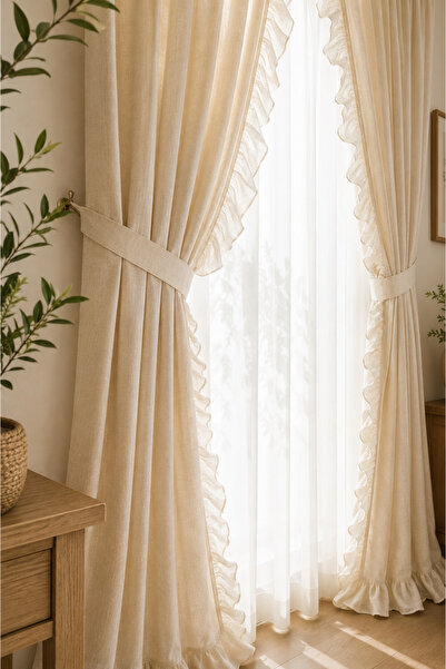 linea natura home 2 Kenar Fırfırlı Vintage Krem Keten Fon Perde - Kornişli, F...