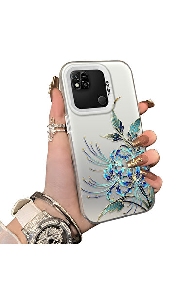 SLIMFELT Redmi 9C/10A Uyumlu Yüksek Kaliteli Mavi-altın çiçek silikon kılıf