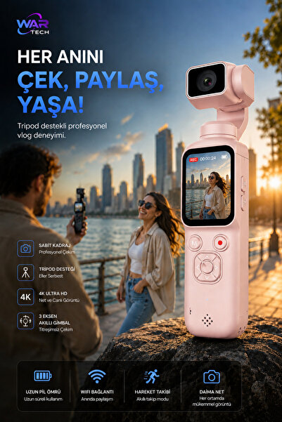 Wair Teknoloji 4K Ultra HD Vlog Kamera 75MP WiFi Yapay Zeka Yüz Takipli 330° ...