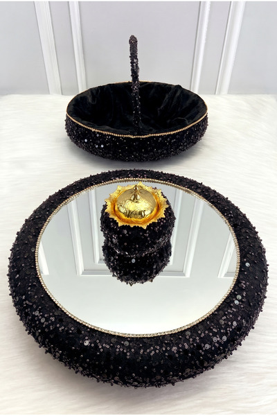 ZEYMERADE Black Shiny Stone Henna Night Tray Basket Bridal Set, Sequin Mirror...