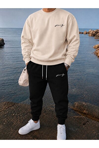 FAEL LİFE Unisex Wide Cut Zero Necklace and Sweatpants King Handwritten Print...