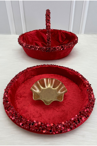 ZEYMERADE Red Bridal Henna Night Tray and Basket, Sparkling with Sequins and ...