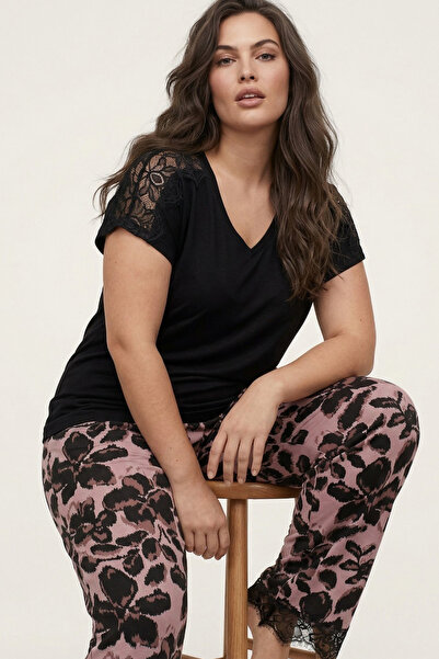 Siyah İnci Black Patterned Large Size Oversized Viscose Knitted Pajama Set