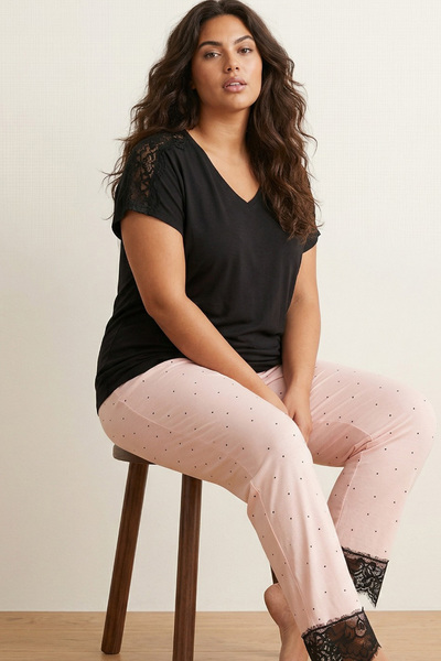 Siyah İnci Black Patterned Large Size Oversized Viscose Knitted Pajama Set