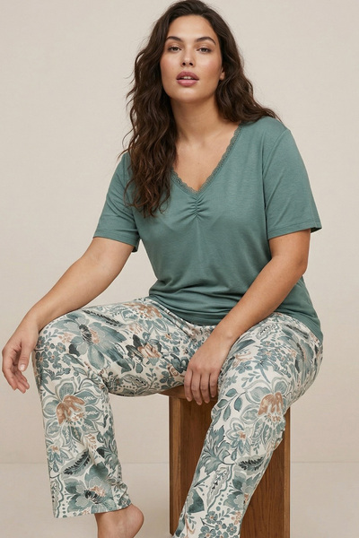 Siyah İnci Green Patterned Large Size Oversized Viscose Knitted Pajama Set