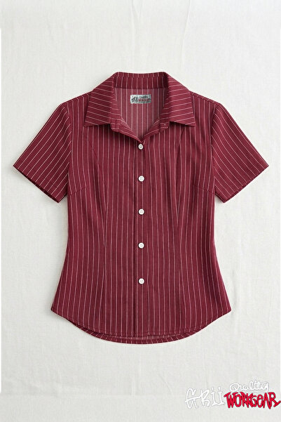 GRİİ WEAR Women's Burgundy Striped Short Sleeve Shirt Blouse