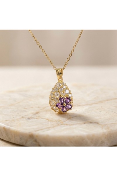 deluxe takı ve giyim Purple Flower Detailed Drop Necklace