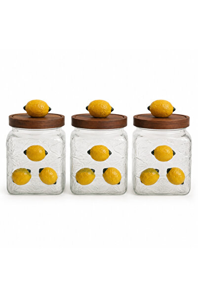 esdekor 650 ml Set of 3 Glass Jars with Lemon Figures and Wooden Lids