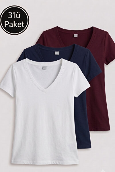 FHELIA Women's V-Neck Cotton 3-Pack T-Shirt