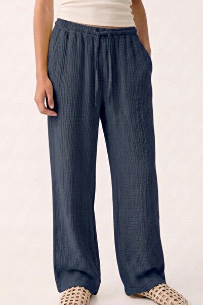Cockatoo Women's Muslin Wide-Legged Trousers with Elastic Waist and Laces, Co...